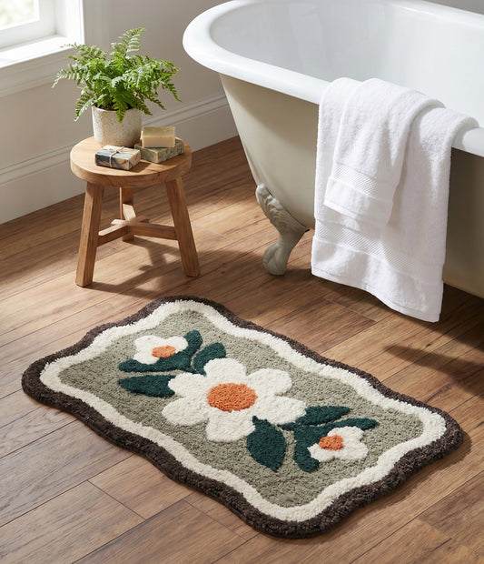BELLIS Microfiber Floral Bath Mat | Soft & Absorbent Bathroom Rug | Anti-Skid & Quick Dry | Decorative Flower Design