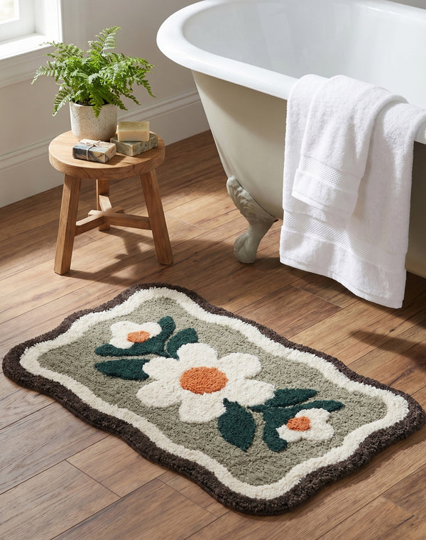 BELLIS Microfiber Floral Bath Mat | Soft & Absorbent Bathroom Rug | Anti-Skid & Quick Dry | Decorative Flower Design