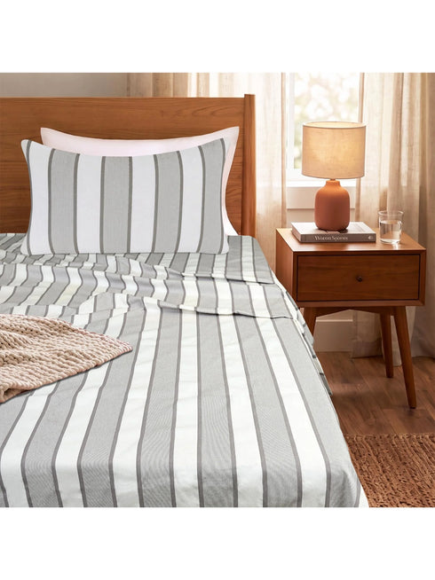 Feliz Cotton Microfiber Bedsheet | 180 TC (Equivalent to 400 TC Feel) | Woven Stripe Design | Soft, Colorfast, No Linting & Quick Dry
