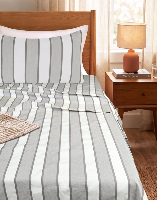 Feliz Cotton Microfiber Bedsheet | 180 TC (Equivalent to 400 TC Feel) | Woven Stripe Design | Soft, Colorfast, No Linting & Quick Dry