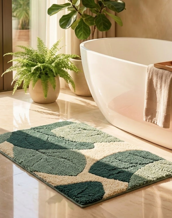 Leaf Microfiber Bath Mat | Super Soft & Absorbent Bathroom Floor Mat | Anti-Slip Bath Rug | Quick Dry Washable Mat