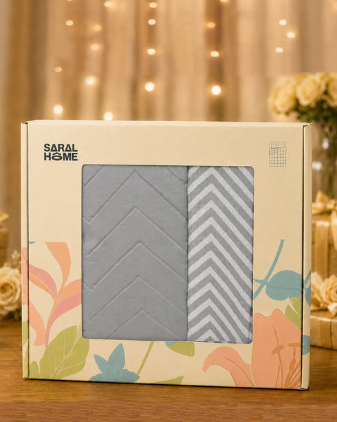 GIFT BOX | CHEVRON Grey Cotton Bedsheet-Cover | Matching Grey Reversible Quilt/Comforter | Combo Set For Gift & Daily Use