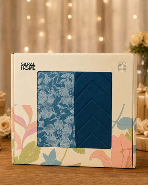 GIFT BOX | Kanan Teal Cotton Bedsheet-Cover | Matching Teal Reversible Quilt/Comforter | Combo Set For Gift & Daily Use