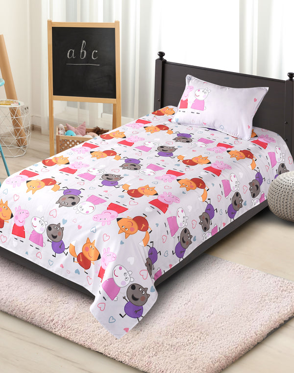 Peppa Pig Cotton Single Bedsheet (60×90 in) with 1 Pillow Cover (17×24 in)