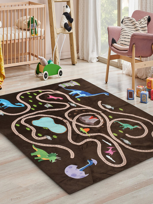 Saral Home Dinosaur Microfiber Play Mat Brown, 145x175 cms